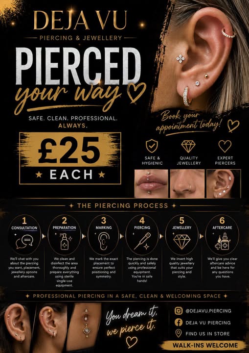 Curated ear stack — Helix & lobe by Déjà Vu Tattoo, Bedworth