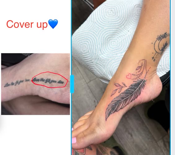 Feather cover-up — Ankle · Blackwork over old script by Déjà Vu Tattoo, Bedworth